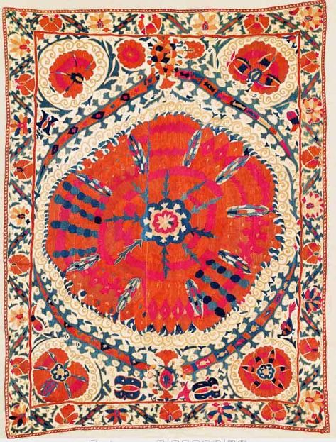 Lot 21. Large Medallion Suzani. Central Asia, Uzbekistan, Bokhara. Dimensions 177 x 133 cm. Ca. 1800 or earlier. Estimate EUR 35,000 – 40,000 Print Throw Blanket, Embroidery Print, Magic Carpet, Central Asia, Diy Frame, Print Bedding, Antique Rugs, Art Poster, Metal Art