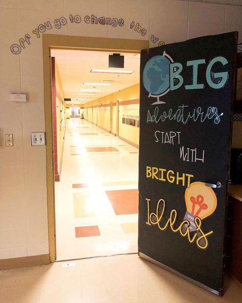 Special Education Teacher on Instagram: “Big adventures start with bright ideas!  Last year for back-to-school, my door decorations were hand-drawn, and while I loved them, I…” School Counselor Door Decorations, Counselor Door Decorations, Science Door Decorations, School Counselor Door, Middle School Classroom Themes, Middle School Decor, Middle School Social Studies Classroom, Elementary Special Education, Teacher Door Decorations