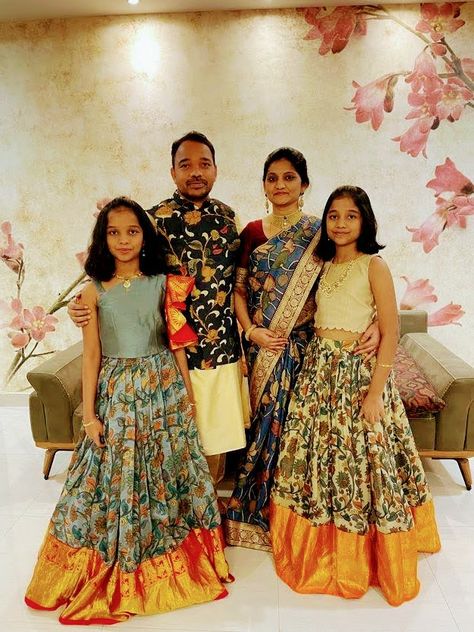 colourful kalamkari outfits Kalamkari Outfits, Couple Dresses, Family Dress, 22k Gold Necklace, Mother Daughter Dresses Matching, Mother Daughter Dress, Couple Dress, Stylish Dress Designs, Family Outfits