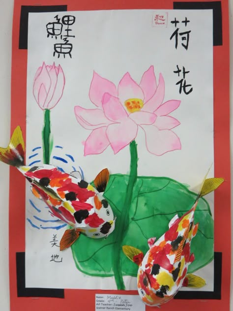 lucky fish in new spring Koi Fish With Lotus, Paper Koi Fish, Lotus Flower Background, Asian Art Projects, Chinese New Year Crafts For Kids, Elementary School Art, Chinese Crafts, Chinese New Year Crafts, 6th Grade Art