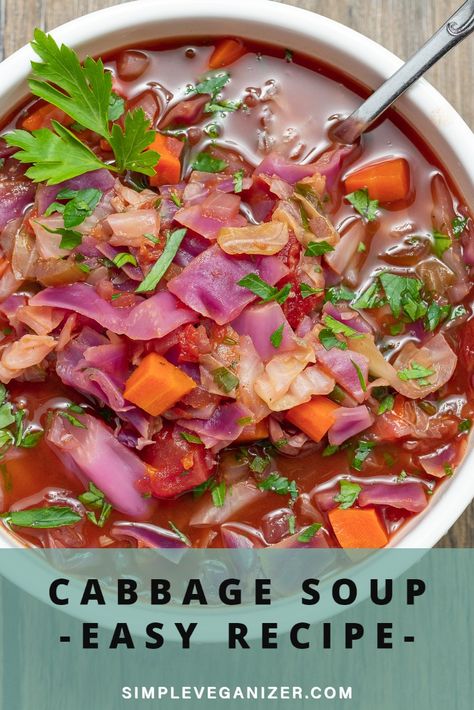 CABBAGE SOUP EASY RECIPE - Simple Veganizer Purple Cabbage Soup Recipes, Cabbage Soup Easy, Purple Cabbage Soup, Original Cabbage Soup Diet, Purple Cabbage Recipes, Keto Cabbage Recipe, Crockpot Cabbage Recipes, Cabbage Soup Diet Recipe, Creamy Carrot Soup