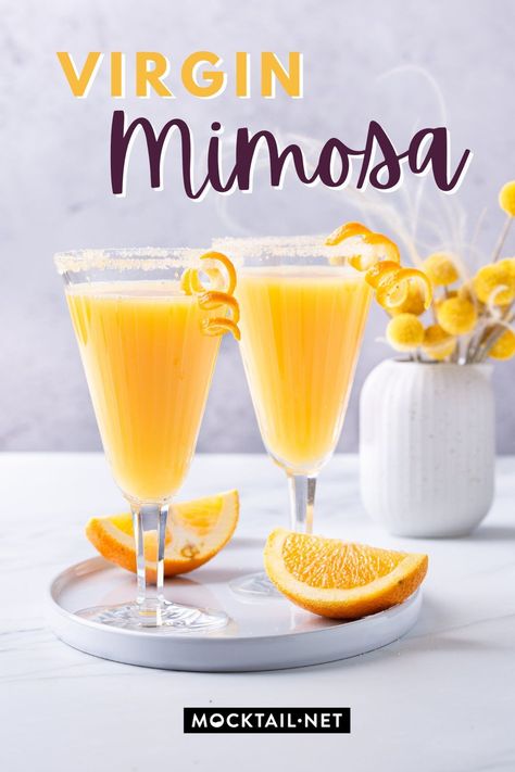 Our Non Alcoholic Mimosa recipe or Virgin Mimosa Mocktail is the perfect brunch drink and way more flavorful than those boring, classic cocktails! It’s easy to make, full of flavor and bubbly and refreshing: the perfect virgin drink for everyone, from kids to people avoiding alcohol. Swap alcoholic cocktails for our healthy tasty mocktails: our mimosas recipe is perfect for a sober brunch, or consider this as your baby shower beverage. Make your day perfect! #mocktail #summer #brunch #drink Bubbly Mocktails Non Alcoholic, Gold Drinks Non Alcoholic, Yellow Mocktails Non Alcoholic, Non Alcoholic Mimosa Recipe, Virgin Mimosa, Mocktail Easy, Mimosa Recipe Easy, Kid Friendly Mocktails, Mimosa Mocktail