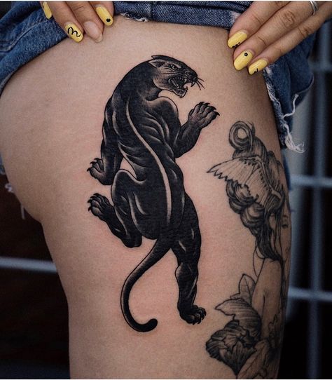 Puma Tattoo, Big Tattoos, Black Panther Tattoo, Panther Tattoo, Hand Poke, Spine Tattoo, Black Ink Tattoos, Neck Tattoo, Big Tattoo