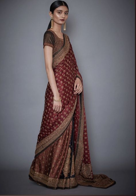 Dhoti Style Saree, Ritu Kumar Saree, Burgundy Saree, Black Dhoti, Modern Avatar, Drape Sarees, Banaras Sarees, Bridal Trousseau, Black Combination