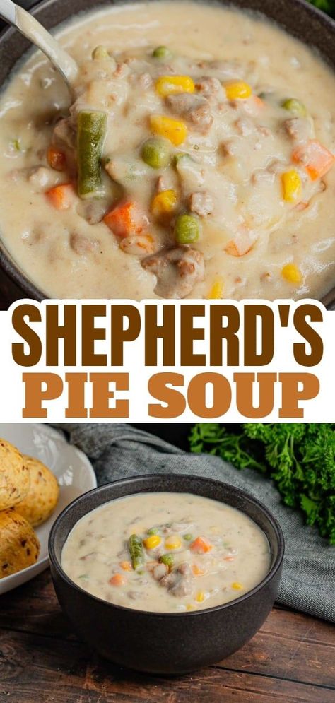 Shepherd's Pie Soup is a hearty soup loaded with instant mashed potatoes, ground beef, chicken broth, half and half, diced onions and frozen mixed vegetables. Mashed Potatoes Ground Beef, Potatoes Ground Beef, Pizza Soup Recipe, Mashed Potato Soup, Frozen Mixed Vegetables, Cottagecore Recipes, Chicken Broth Recipes, Chicken Mashed Potatoes, Instant Mashed Potatoes