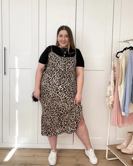 Plus Size Barbecue Outfit, Plus Size Slip Dress Outfit Casual, Plus Size Leopard Dress, Dispensary Work Outfit, Europe Outfits Spring Plus Size, Slip Dress Plus Size Outfit, Plus Size Slip Dress Outfit, Chromatic Fashion, Dress And Shirt Layer Outfit