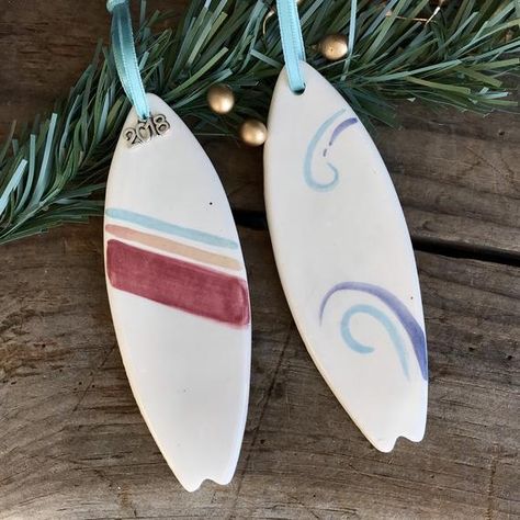 Surfboard Ornament, Surfer Ornament Beach Ornament, Hawaii Ornament, California Ornament, Handmade O Ceramica Ideas, Themed Ornaments, Coastal Ornament, Clay Christmas Decorations, Earthenware Ceramics, Beach Ornaments, Surf Boards, Clay Christmas, Pottery Pieces