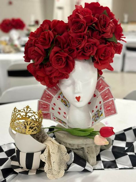 Alice In Wonderland Kitchen Tea, Mad Hatter Diy Decorations, Queen Of Hearts Table Decor, Giant Teapot Prop Diy, Queen Of Hearts Decor, Queen Of Hearts Party Theme, Mad Hatter Tea Party Ideas Decoration, Madhatters Teaparty, Diy Alice In Wonderland Decorations