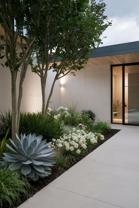 Sleek Modern Minimalist Flower Beds Contemporary Flower Beds, Minimalist Front Garden, Ornamental Grasses Front Yard, Flower Bed Inspiration Front Yards, Small Low Maintenance Garden, Minimalist Yard Landscaping, Modern Succulent Garden, Square Front Yard Landscaping Ideas, Under Front Window Landscaping Ideas