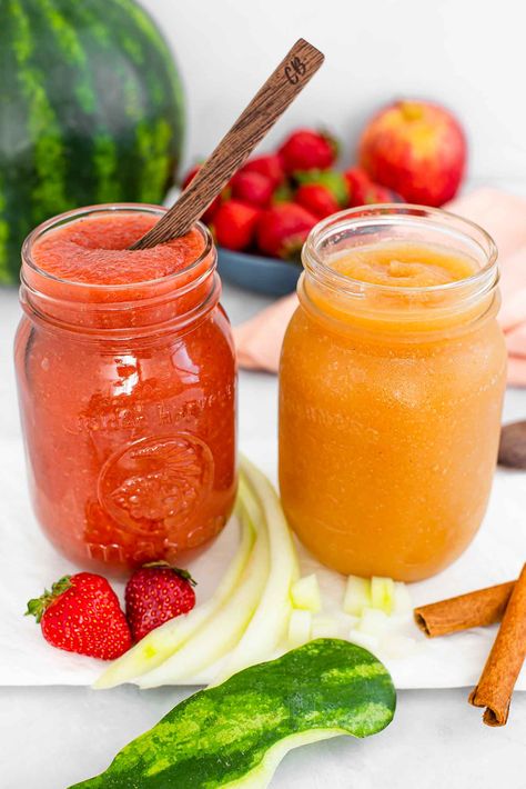 Side view of two jars of watermelon rind fruit sauce. A wooden spoon dips into a strawberry sauce and cinnamon sticks and an apple surround the golden watermelon applesauce. Watermelon Rind Recipes, Kidney Healthy Foods, Fruit Combinations, Frozen Watermelon, Fruit Sauce, Apple Sauce Recipes, Watermelon Rind, Green Skin, Strawberry Sauce