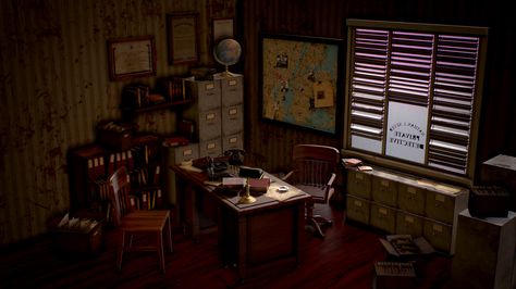 Approaching Material Production Noir Detective Office, Detective Office, Noir Detective, Detective Aesthetic, Old Office, Career Fields, Home Library Design, Isometric Art, Detective Story