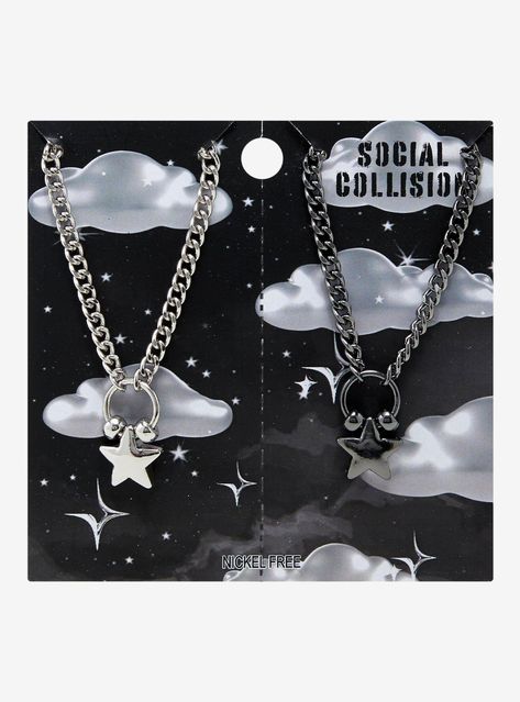 You and your bestie need to show off your star power! These matching chain necklaces have a round bead design with a matching star charm at the center.18" + 3" extenderNickel-free alloySet of 2Imported Matching Jewelry For Best Friends, Hot Topic Necklaces, Bff Necklaces For 2, Social Collision, Best Friend Matching, Cute Promise Rings, Trio Necklace, Best Friend Necklace, Matching Clothes