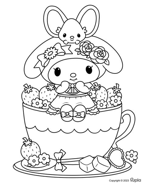 My Melody in a Cup with Strawberries Coloring Page Kawaii Coloring Pages Sanrio, My Melody Cute Drawing, My Melody Halloween Coloring Pages, Kuromi And My Melody Coloring Page, Sanrio Coloring Pages My Melody, Cinnamon Roll Sanrio Coloring Page, My Melody Coloring Pages Printable, Sanrio Activity Sheet, Kuromi Coloring Pages Printable