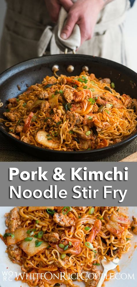 Kimchi Stir Fry, Stir Fry With Noodles, Stir Fry Noodles Recipe, Kimchi Noodles, Fried Noodles Recipe, Fry Noodles, Korean Pork, Easy Ramen, Noodle Stir Fry