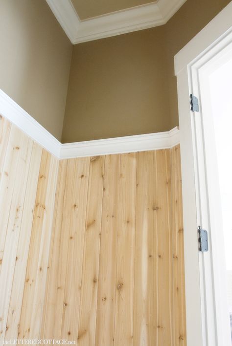 Natural Wood Beadboard Walls, Natural Wood Wainscoting, Stained Beadboard Walls, Half Bath Update, Pine Wainscoting, Stained Beadboard, Cabin Walls, Pine Paneling, The Lettered Cottage