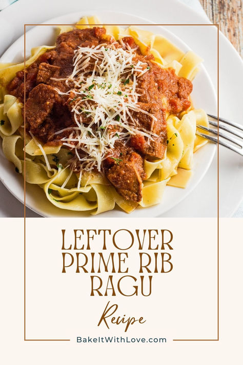 A bowl of prime rib ragu with Pappardelle noodles, red sauce, and fresh grated Parmesan. Leftover Prime Rib Pasta, Prime Rib Pasta Recipe, Recipes With Leftover Prime Rib, Primerib Leftovers, Prime Rib Soup Leftover, Prime Rib Leftover Recipes, Prime Rib Pasta, Roasted Prime Rib, Leftover Prime Rib Recipes