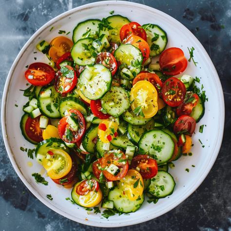 Fresh cucumber tomato salad with red onion, herbs, olive oil, and vinegar. Perfect summer dish ready in minutes. Salad With Red Onion, Salad Party, Beautiful Salads, Cucumber Onion Salad, Cucumber And Tomato Salad, Tomato Cucumber Salad, Tomato Salad Recipe, Zucchini Tomato, Fresh Cucumber