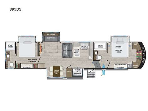 New 2023 Alliance RV Paradigm 395DS Fifth Wheel at General RV | Huntley, IL | #289665 Fifth Wheel With Bunkhouse, 2 Bedroom Fifth Wheel, Rv Layout Floor Plans, 2 Bedroom Rv, Luxury Fifth Wheel, Recliner Loveseat, Goals 2024, Rv Floor Plans, Dinette Chairs