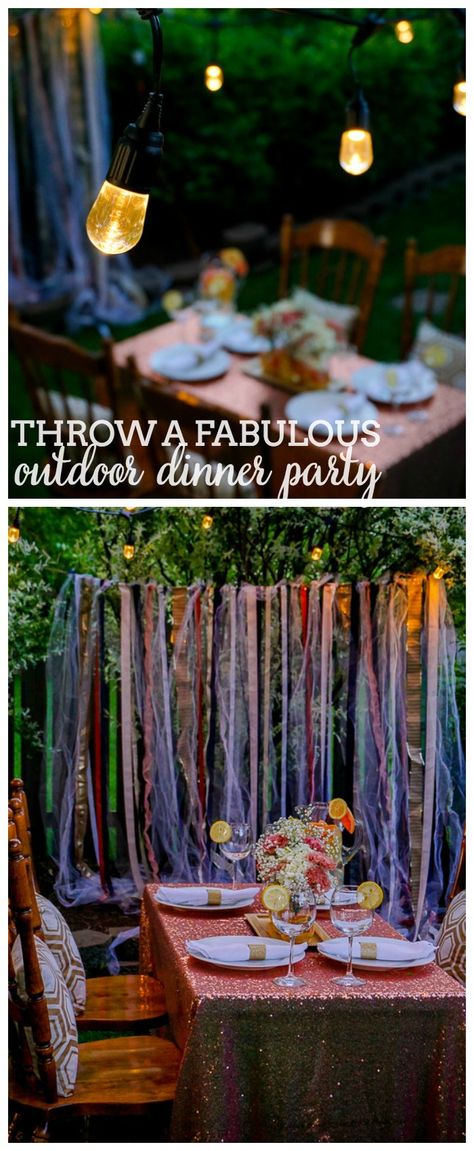 Simple Ideas for Throwing a Gorgeous Outdoor Dinner Party | The Love Nerds #ad #EnbrightenLife @jascoproducts Backyard Patio Dinner Party, Outdoor Night Dinner Party, Evening Dinner Party Outside, Nighttime Outdoor Dinner Party, 30th Birthday Party Backyard, Intimate Dinner Party Decor Outdoor, Dinner Party Ideas For Adults, Birthday Dinner Party Ideas, Party Food Ideas For Adults Entertaining