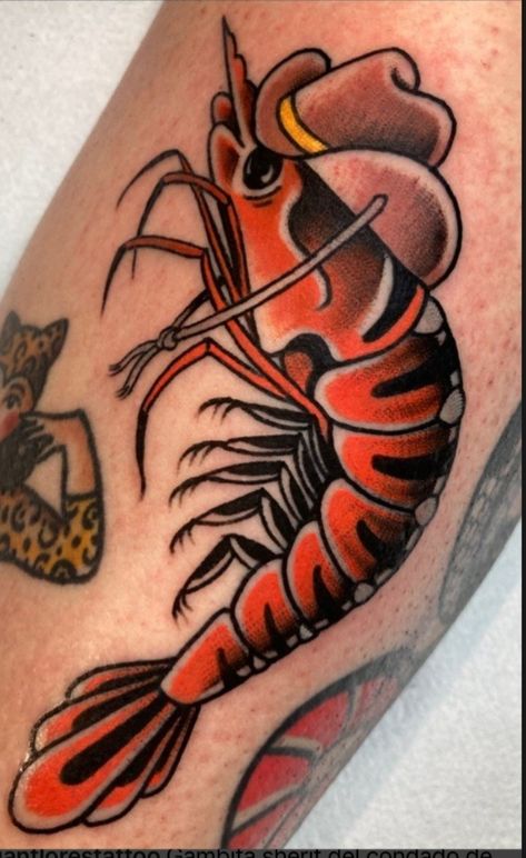 Long Traditional Tattoo Design, Manly American Traditional Tattoos, American Traditional Unique Tattoo, Traditional Tattoo Art Leg Sleeve, Traditional Style Sleeve Tattoo, Shrimp With Cowboy Hat Tattoo, Traditional Funny Tattoo, Neotraditional Crab Tattoo, Cool Traditional Tattoos Ideas