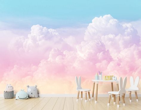 Pastel Ombre Wallpaper, Girl Bedroom Wallpaper, Mural For Kids Room, Girls Rainbow Bedroom, Cloud Bedroom, Sky Gradient, Girls Bedroom Wallpaper, Ombre Wallpaper, Rainbow Bedroom