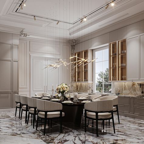 Kitchen Neoclassic Interior Design, Living Room Neoclassic, Neoclassical Interior Design Luxury, Neoclassical Dining Room, Neoclassic Interior, Neoclassical Interior Design, Dining Room Design Luxury, Luxury Ceiling Design, Dining Table Design Modern