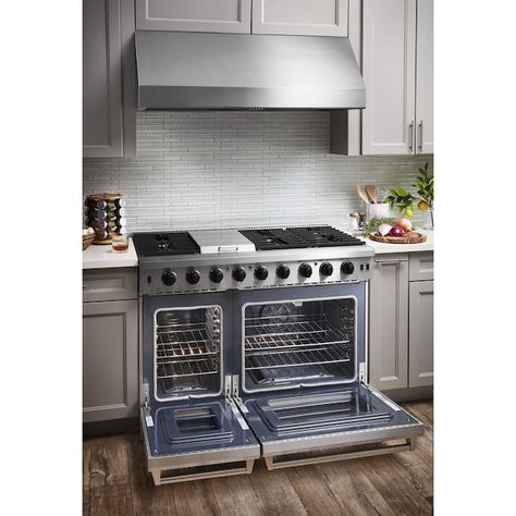 Thor Kitchen 48-in 7 Burners 4.6-cu ft / 2.2-cu ft Convection Oven Freestanding Double Oven Gas Range (Stainless Steel) in the Double Oven Gas Ranges department at Lowes.com Freestanding Double Oven, Gas Range Double Oven, Dual Oven, Professional Appliances, Kitchen Appliance Packages, Wall Mount Range Hood, Stainless Steel Refrigerator, Appliance Packages, Gas Oven