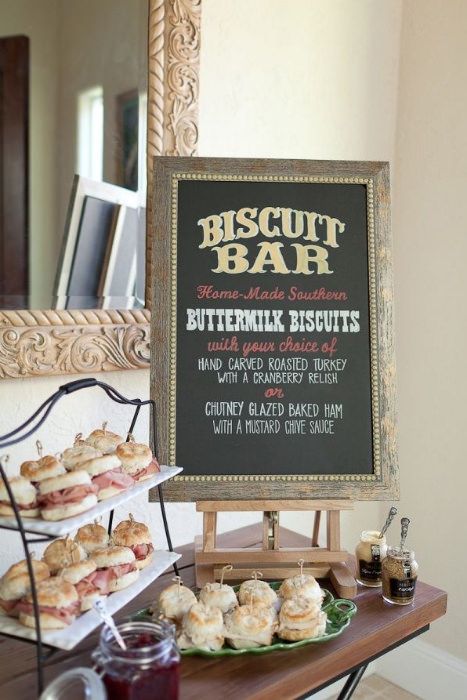 A biscuit bar is a great way to introduce some southern style in a light way. Offer a selection of filled sweet and savory biscuits such as country ham, roasted turkey and strawberry shortcake and serve with relishes and preserves. Bruschetta Bar, Wedding Food Stations, Wedding Snacks, Bridal Shower Menu, Biscuit Bar, Sandwich Bar, Reception Food, Cha Bar, Perfect Brunch