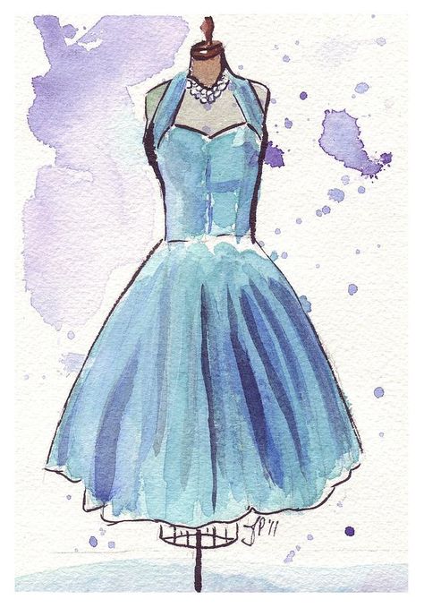 Dress Watercolor, Chiffon Party Dress, Watercolor Dress, Painting Fashion, Dress Painting, Fashion Illustration Vintage, Watercolor Fashion, Fashion Drawings, Fashion Illustration Dresses