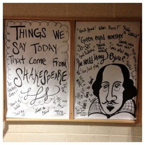 National Poetry Month Library Display, Shakespeare Bulletin Board, Macbeth Display, English Bulletin Boards, English Classroom Displays, Poetry Bulletin Board, High School Bulletin Boards, Theatre Classroom, Class Bulletin Boards