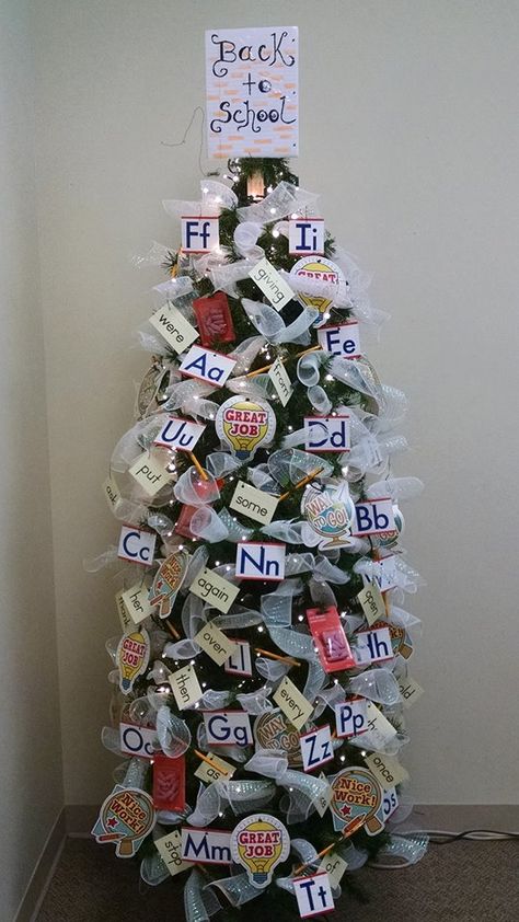 September 2017 Back to School Tree School Christmas Tree Theme, Back To School Christmas Tree Ideas, Monthly Tree Decorating Ideas, September Tree Decorations, School Theme Christmas Tree, September Christmas Tree Ideas, Back To School Tree Decorations, School Themed Christmas Tree, Back To School Tree