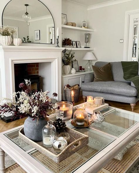 Dressing A Coffee Table, Glass Table Living Room, Alcove Ideas Living Room, Glass Table Decor, Alcove Ideas, Front Room Decor, British Homes, Stone Planter, Flat Inspiration