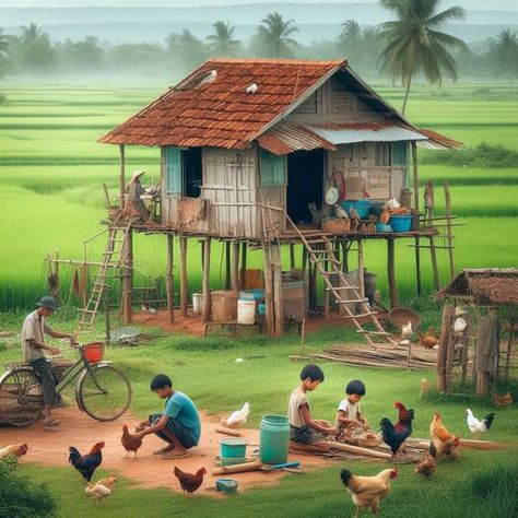 Credit : HSK Furniture Facebook Page. House In Province, Village Scene Drawing, Village Background, Reiki Art, Africa Art Design, Lotus Flower Pictures, Picture Composition, Mother Pictures, Human Figure Sketches