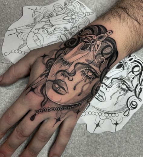 Loveee how this one turned out. I can’t wait to bring the design up the arm 🔥 Alicesophiatattoos@gmail.com Halstead, Essex @lovehope.tattoocare #handtattoo #ladyfacetattoo #daggertattoo Large Hand Tattoo, Big Hand Tattoos, Hope Tattoo, Tattoo Care, Dagger Tattoo, Face Tattoo, Hand Tattoo, Tattoo Inspo, Hand Tattoos