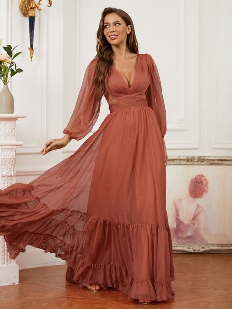 A-Line/Princess 30D Chiffon Ruffles V-neck Long Sleeves Sweep/Brush Train Dresses Train Dresses, Clothes Business, Princess Skirt, Bra Dress, Evening Dresses Cocktail, Ladies Clothing, Dresses 2023, Guest Dress, Chiffon Ruffle