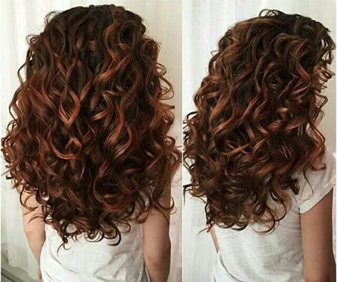 Curly Brown Hair, Natural Curly Hair Cuts, Highlights Curly Hair, Colored Curly Hair, Medium Curly Hair Styles, Red Highlights, Permed Hairstyles, Curly Hair Cuts, Long Curly Hair