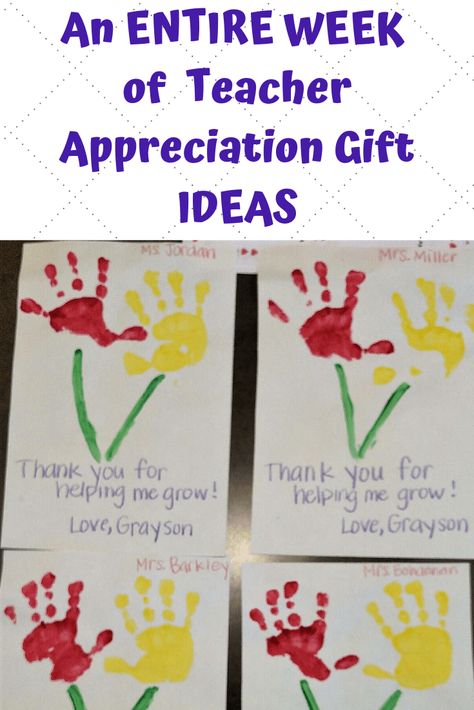 Thoughtful gifts to give for teacher appreciation week for your elementary or preschool teacher.  One gift a day ideas.  #teacherappreciation #thanksteachers #preschoolteachergifts Teachers Appreciation Crafts For Kids, Toddler Crafts For Teacher Appreciation, Teacher Appreciation Crafts Preschool, Teacher Appreciation Gifts Homemade, Diy Teacher Appreciation Cards From Kids, Card For Preschool Teacher, Teacher Appreciation Gifts From Toddler, Teacher Appreciation Activities For Kids, Preschool Teacher Appreciation Crafts