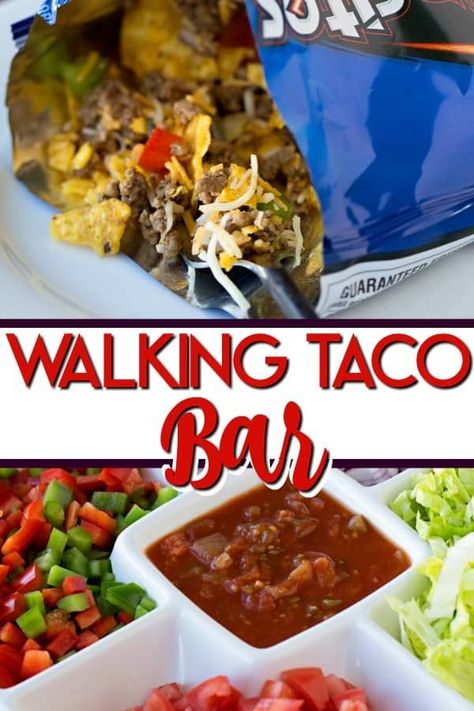 Easy Outdoor Food For A Crowd, Walking Taco Bar Set Up Ideas, Walking Tacos Bar Set Up, Walking Taco Bar Party Sides, Diy Walking Taco Bar, Tacos For A Crowd Parties Bar Ideas, Outdoor Party Food For A Crowd, Walking Tacos For A Crowd Parties Food, Walking Tacos For A Crowd