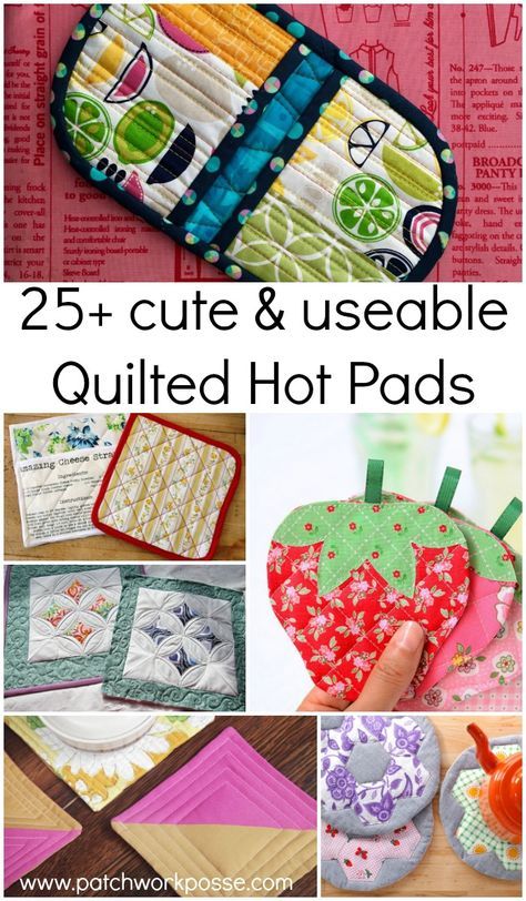 Over 25 different and fun quilted hot pads! Fun shapes, techniques and sizes to choose from. Even a chicken and heart! All tutorials are free! Quilted Hot Pads, Quilted Potholder Pattern, Hot Pads Tutorial, Quilted Potholders, Scrap Fabric Projects, Potholder Patterns, Sew Ins, Small Sewing Projects, Patchwork Quilting