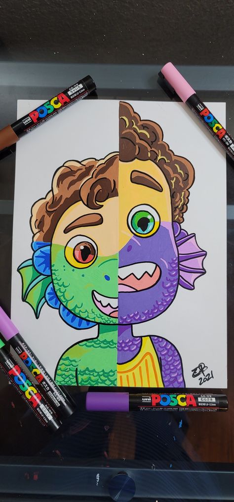 Disney Posca Art, Cartoon Posca Art, Painting With Posca Pens, Art With Posca Markers, Drawing With Posca Markers, Luca Painting, Luca Drawing, Posca Markers Drawing, Posca Art Ideas