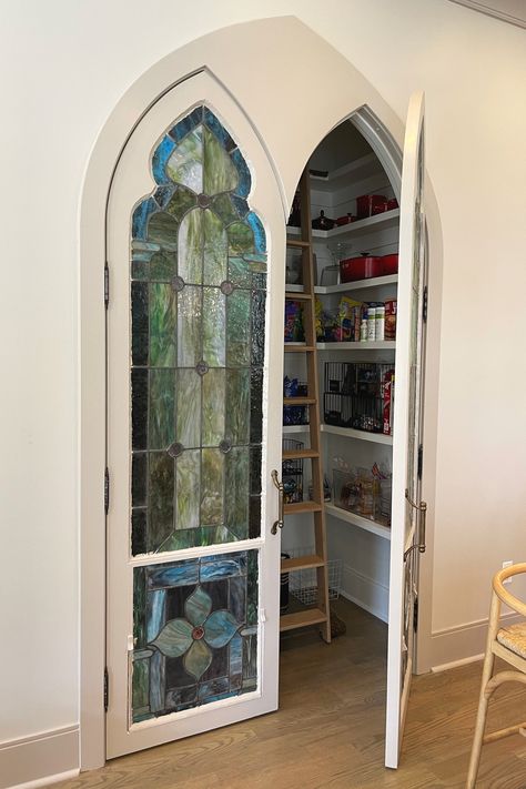 One-Note to One-of-a-Kind — Zoe Feldman Design Stained Glass Kitchen Cabinet Doors, Stained Glass Cabinets Kitchen, Cool Doors Interior, Stained Glass French Doors Interior, Stained Glass Pantry Door, Inside House Decor, Stained Glass French Doors, Stained Glass Kitchen Cabinets, Witch House Ideas