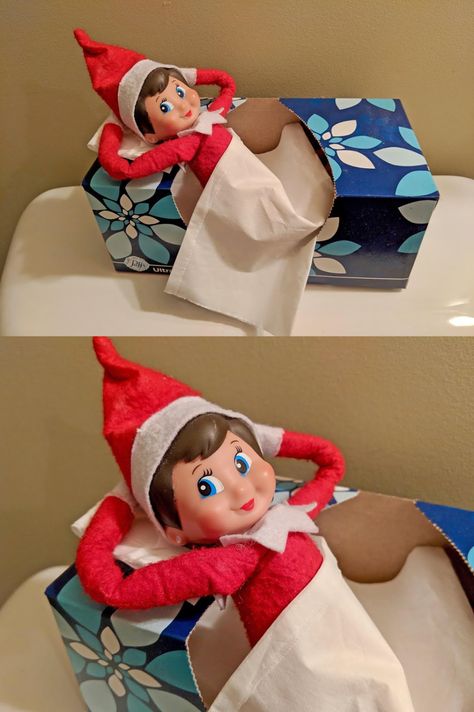 Elf On The Shelf Tissue Box Ideas, Simple Elf Of The Shelf Ideas, Sleeping Elf On The Shelf, Elf In Stocking Shelf Ideas, Elf Of The Shelf Classroom Ideas, Elf On The Shelf Ideas For Classroom Fun, Elf In Classroom Ideas, Elf Ideas For Classroom, Travesuras Elf On The Shelf