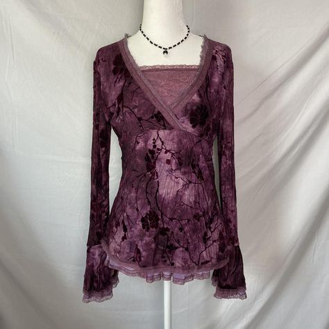 romantic velvet flare sleeve blouse vintage y2k... - Depop Velvet Autumn Outfit, Flare Sleeves Blouse, Dark Purple Fits, Romantic Aesthetic Outfit, Dark Purple Outfit, Velvet Tops Outfit, Whimsical Blouse, Plum Outfit, Shirt With Flared Sleeves