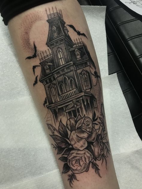 Adams family house done at Black Veil Tattoo Addams Family Tattoo Sleeve, Adam Family Tattoo, Addams Family House Drawing, Adams Family House Tattoo, Creepy House Tattoo, Addams Family House Tattoo, The Adams Family Tattoo, Adams Family Tattoo Ideas, Adam’s Family Tattoo