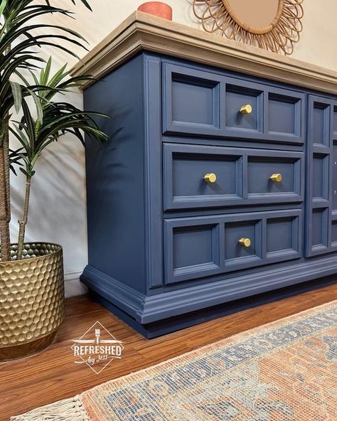 Navy Blue Bedroom Furniture, Drawers Upcycle, Tan Furniture, Navy Blue Dresser, Blue Apartment, Brass Bedroom, Navy Blue Furniture, Refurbished Dresser, Navy Furniture