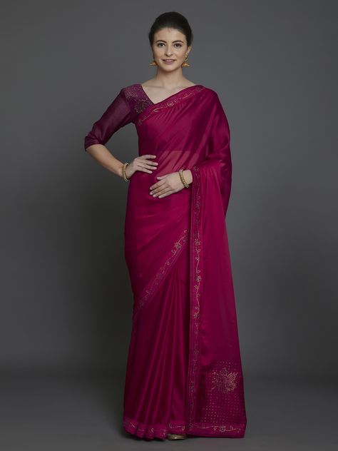 Magenta Saree Contrast Blouse, Dark Pink Saree Contrast Blouse, Holi Dress, Dark Pink Saree, Magenta Saree, Saree Contrast Blouse, Hot Sarees, Solid Saree, Kanjivaram Sarees Silk