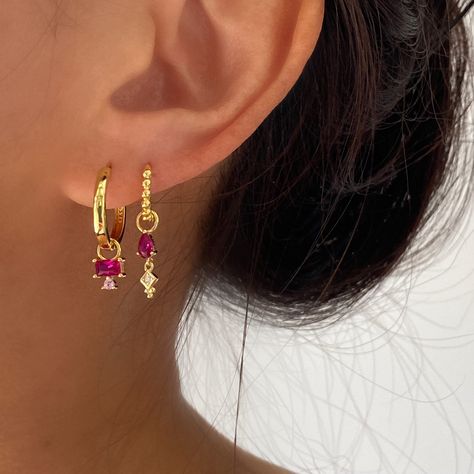 Gold Earring Set For Women, 925 Sterling Silver, Pink charm earrings, Gold Dangle earrings, Party Wedding earrings, Pink dangle hoops, Gift by AnettJewellery on Etsy Minimalist Dangle Earrings, Pink Earring Stack, Pink Gold Earrings, Gold And Pink Earrings, Pink And Gold Jewelry, Pink And Gold Earrings, Gold Earring Set, Ear Stacks, Gold Dangling Earrings