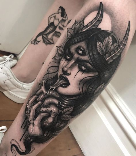 🖤 Demon girl done a few months ago in Auckland, New Zealand! Can’t wait to come back in November! Done with @cheyenne_tattooequipment .… Satanic Tattoos, Evil Tattoos, Demon Tattoo, Wicked Tattoos, Witch Tattoo, Creepy Tattoos, Medusa Tattoo, Stylist Tattoos, Badass Tattoos