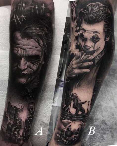 Tato Realis, Joker Face Tattoo, Joker Card Tattoo, Tattoo Half Sleeve, Joker Tattoos, Shen Long Tattoo, Sleeve Tattoos For Guys, Joker Tattoo Design, Half Sleeve Tattoos