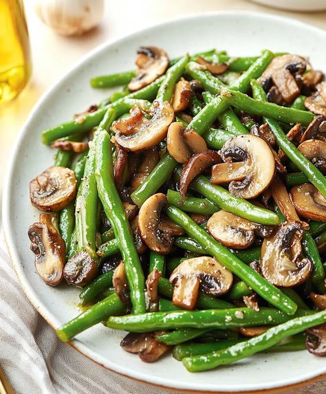 Green Beans With Mushrooms Recipe - sandyrecipes.com Green Beans With Vinegar And Bacon, Green Beans Mushrooms Onions, Sauteed Green Beans And Mushrooms, Mushroom Green Bean Recipes, Green Beans And Mushrooms Recipe, Green Bean And Mushroom Recipes, Bbq Green Beans, Green Beans With Mushrooms, Mushroom Slow Cooker